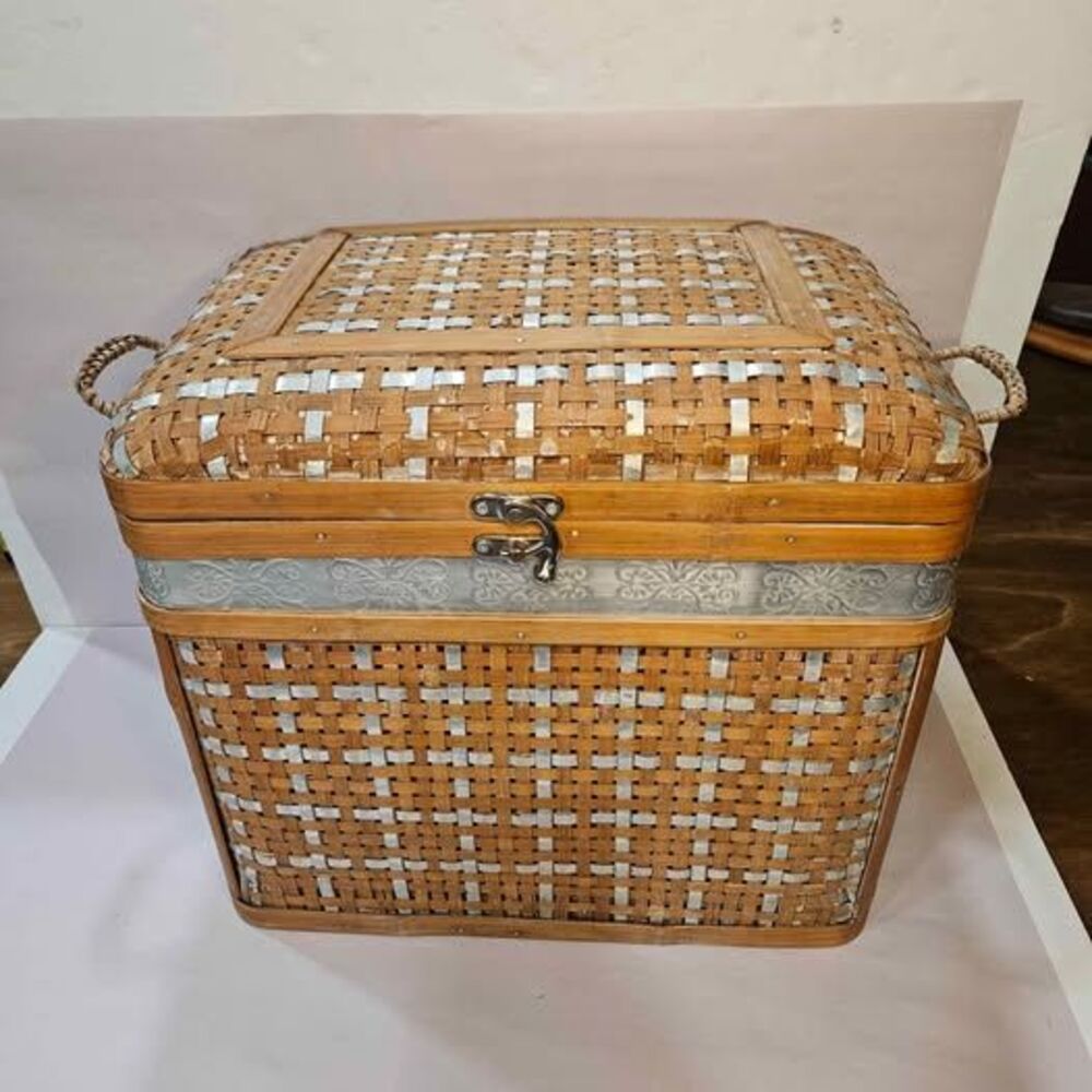 Woven Wood and Metal Storage Trunk